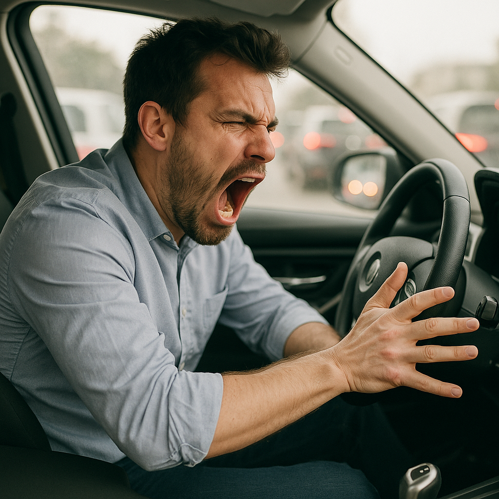 Hombre adulto mostrando frustración y estrés mientras conduce, posible síntoma del TDAH en adultos.