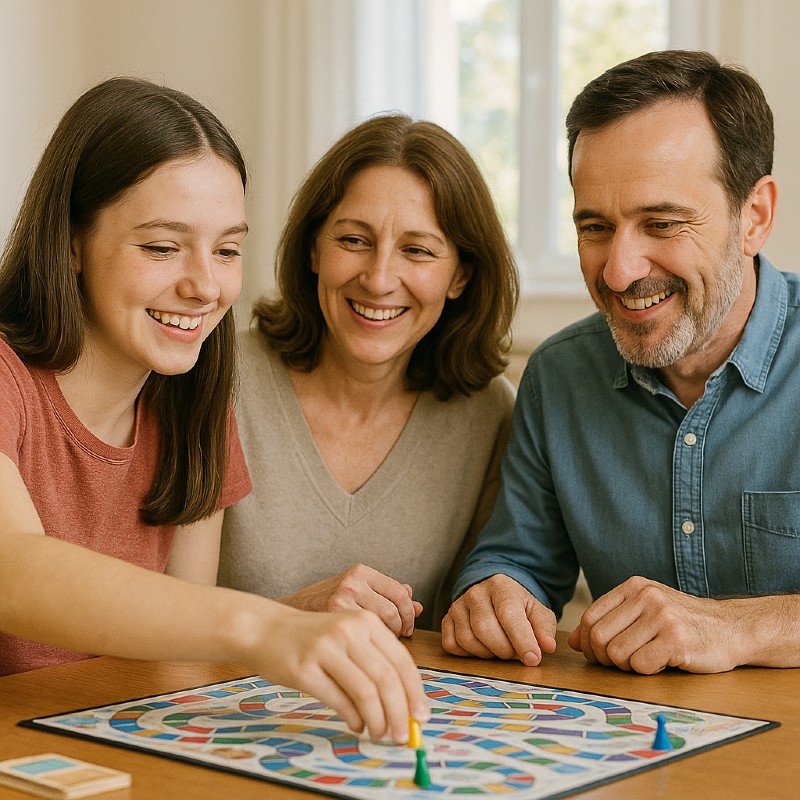 Familia sonriente jugando a un juego de mesa, ilustrando la importancia del vínculo afectivo con adolescentes en proceso terapéutico.