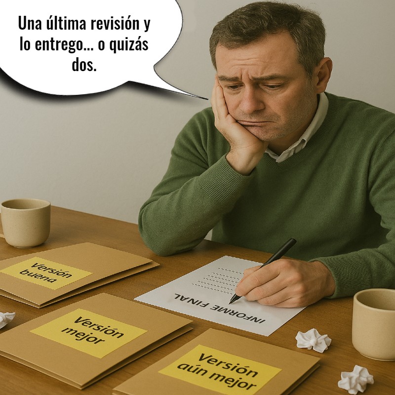 Hombre con expresión de frustración revisando un informe final entre varias versiones, ilustrando el perfeccionismo desadaptativo y la dificultad para finalizar tareas.