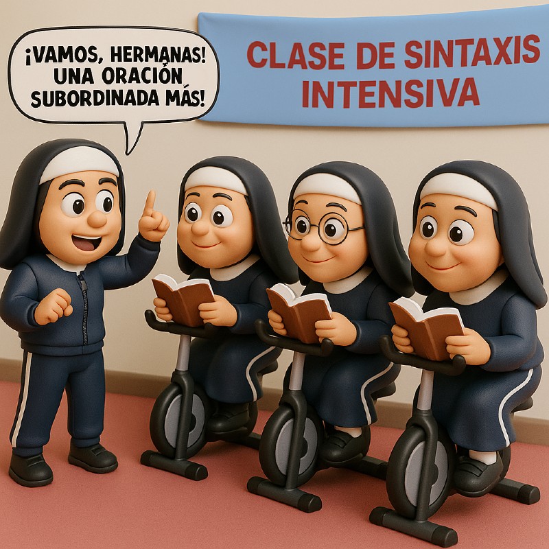 Monjas sonrientes en bicicletas estáticas leyendo libros, guiadas por una instructora con hábito y chándal que anima: “¡Vamos, hermanas! ¡Una oración subordinada más!”. Al fondo, un cartel dice “Clase de sintaxis intensiva”.