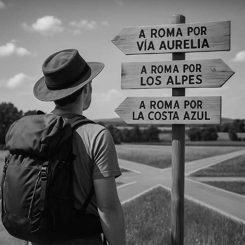 Persona eligiendo distintos caminos hacia Roma: metáfora sobre la evaluación psicológica funcional.