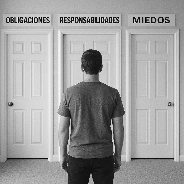 Hombre frente a tres puertas rotuladas con “obligaciones”, “responsabilidades” y “miedos”, simbolizando bloqueo, ansiedad y decisiones impuestas.