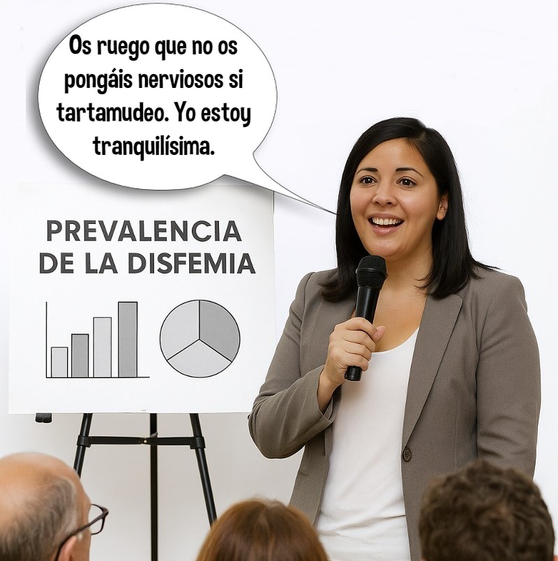 Mujer adulta hablando en público con expresión de concentración, ilustrando el reto de la disfemia en adultos.