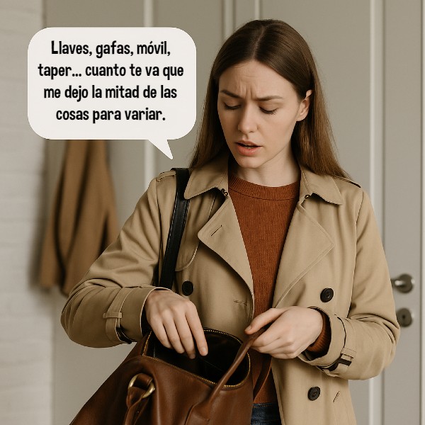 Mujer revisando su bolso con expresión preocupada antes de salir, ilustrando la dificultad para organizarse y recordar objetos comunes, convencida de que olvidará algo.