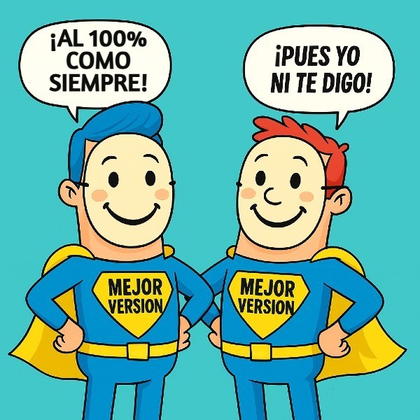 Dos superhéroes sonrientes que ilustran la presión social por dar siempre la mejor version de uno mismo.