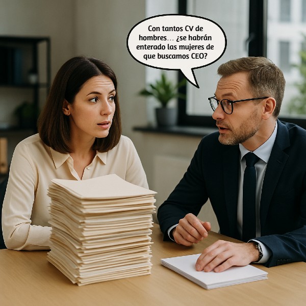 Viñeta con dos compañeros de oficina; sobre la mesa, una gran pila de CV masculinos y una pequeña de CV femeninos para CEO