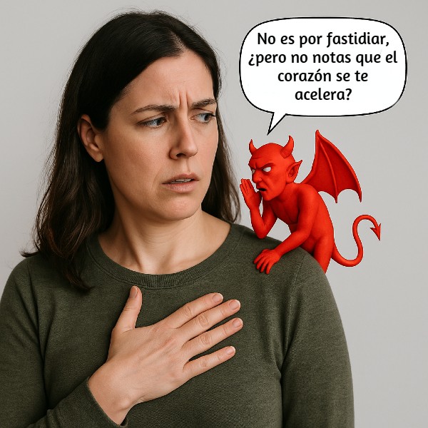Mujer adulta con un pequeño diablillo que le advierte de que se acerca un ataque de ansiedad