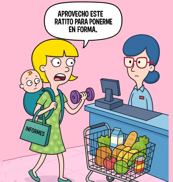 Madre en la caja del supermercado cargando bebé, carrito, bolso con informes y mancuernas para ponerse en forma.
