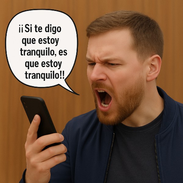 Hombre gritando al móvil con un globo que dice: ‘¡Si te digo que estoy tranquilo, es que estoy tranquilo!