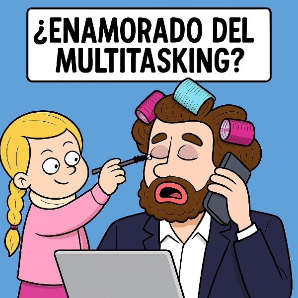 Hombre con rulos en el pelo hablando por teléfono y usando el portátil mientras una niña le aplica maquillaje.