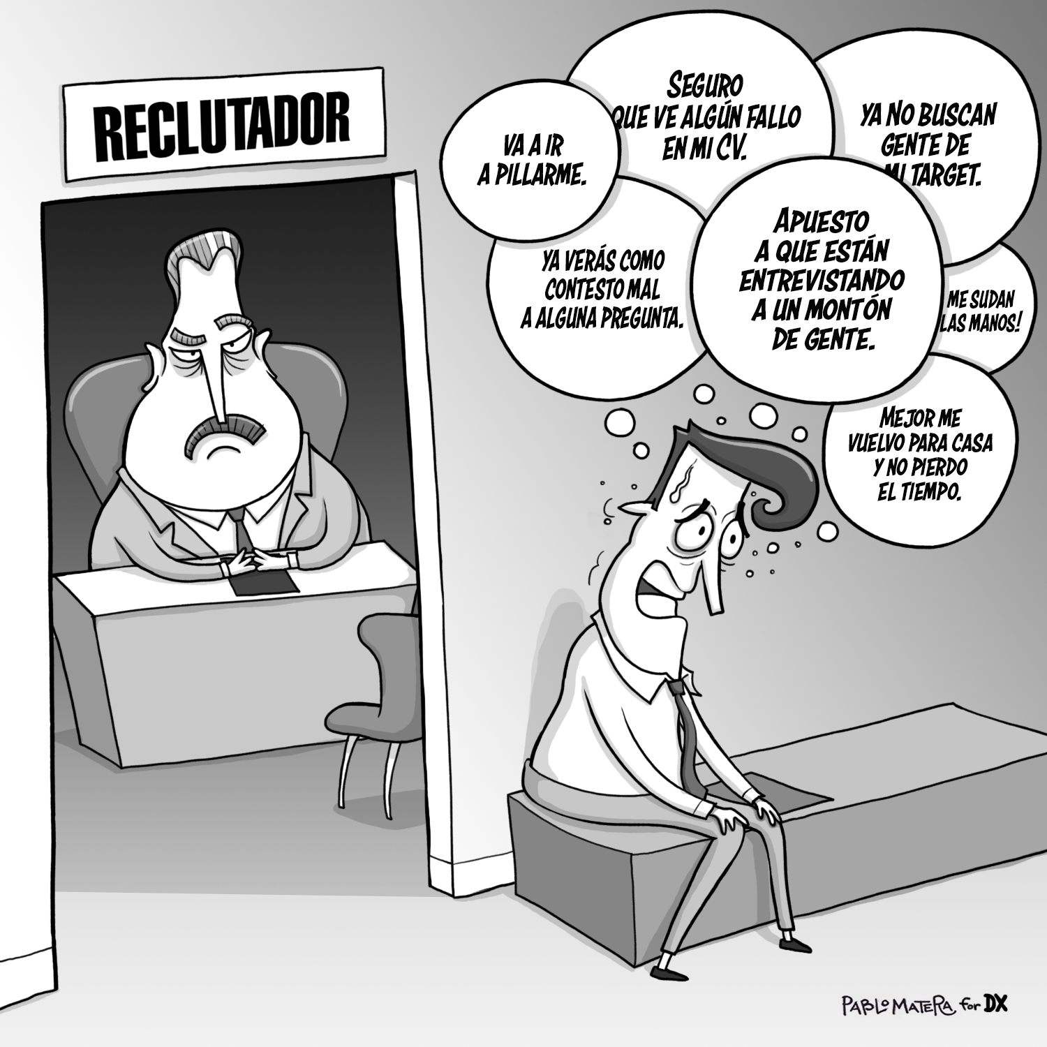 Hombre nervioso esperando una entrevista, rodeado de pensamientos catastrofistas.