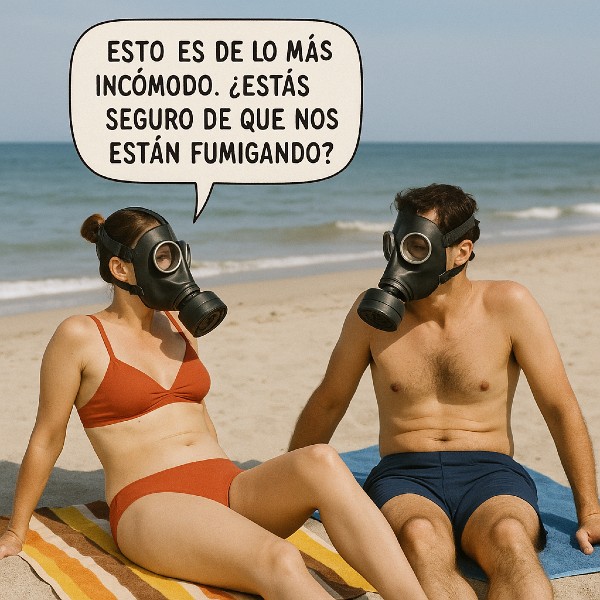 Hombre y mujer con mascarillas en la playa, con máscaras antigas. Imagen asociada a la desinformación