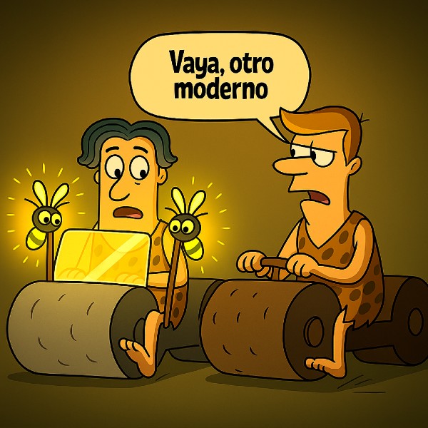 Viñeta de cavernícolas que refleja con humor la resistencia al cambio.