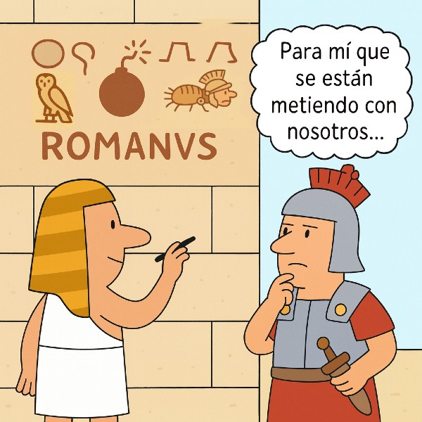 Viñeta cómica de egipcio pintando jeroglíficos contra romanos en un muro, con un romano sorprendido.