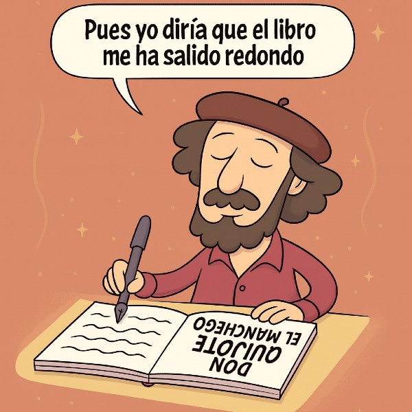 Caricatura de un escritor que afirma haber escrito Don Quijote (representacion de la criptomnesia)