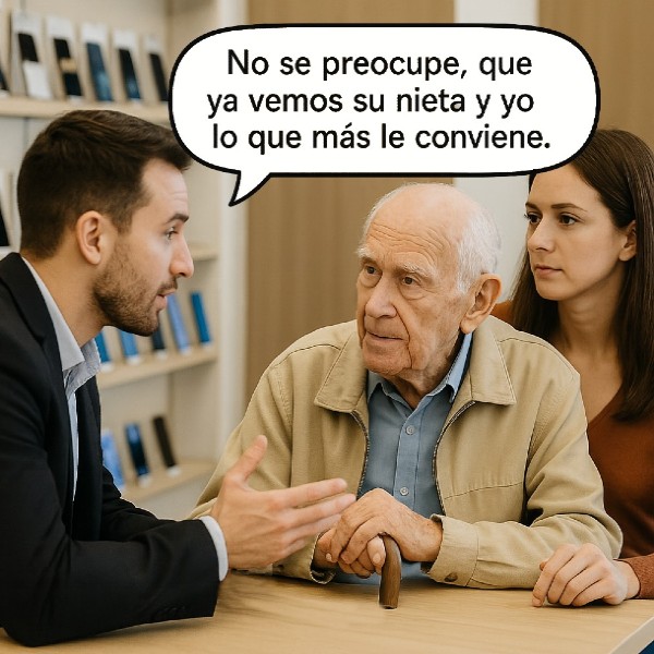 Vendedor y nieta deciden sobre el teléfono de un anciano, sin contar con su opinión.