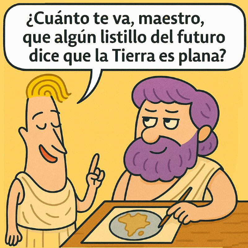 Viñeta humorística de dos filósofos griegos hablando sobre creencias irracionales.