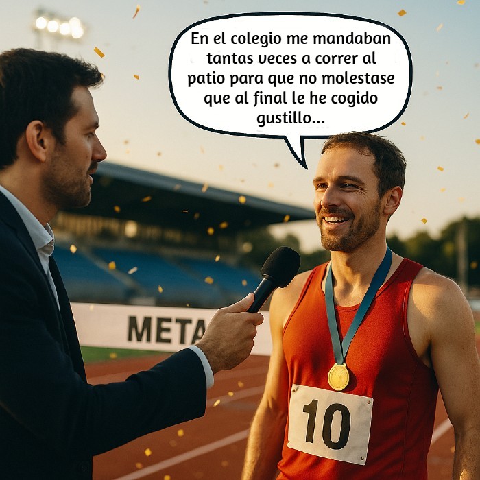 Atleta al que el entrevistador pregunta de donde viene su gusto por competir.