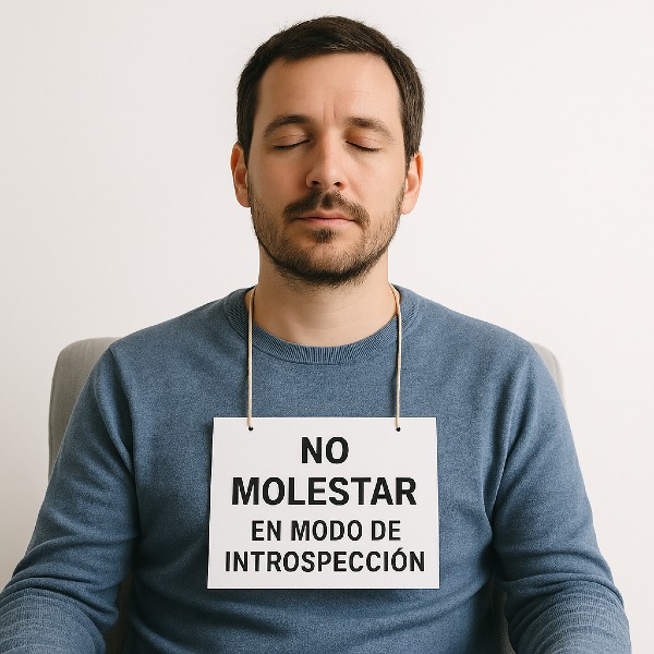 Ejemplo de introspección diaria: adulto sentado en calma practicando autocuidado emocional con cartel de no molestar.