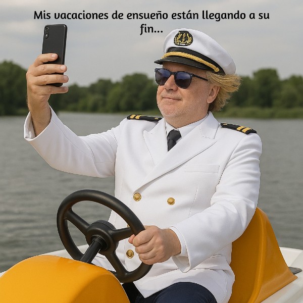 Hombre disfrazado de capitán se hace una selfie mostrando unas vacaciones idealizadas.