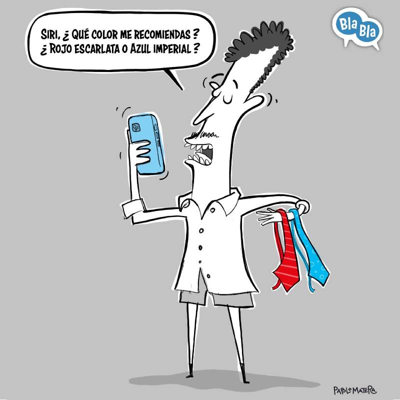 Caricatura de un hombre indeciso preguntando a Siri qué corbata elegir.
