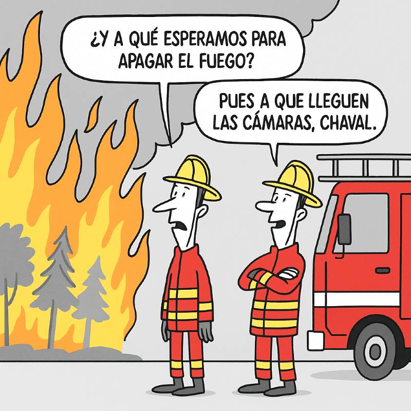 Viñeta sobre la cultura de la visibilidad: bomberos esperan las cámaras antes de actuar frente a un fuego.