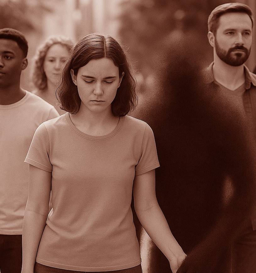 Mujer joven cabizbaja entre la multitud, representación de la distimia y la depresión persistente.