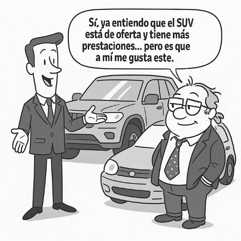 Cliente elige un coche pequeño en lugar del SUV en oferta, guiándose por la emoción antes que por la razón.