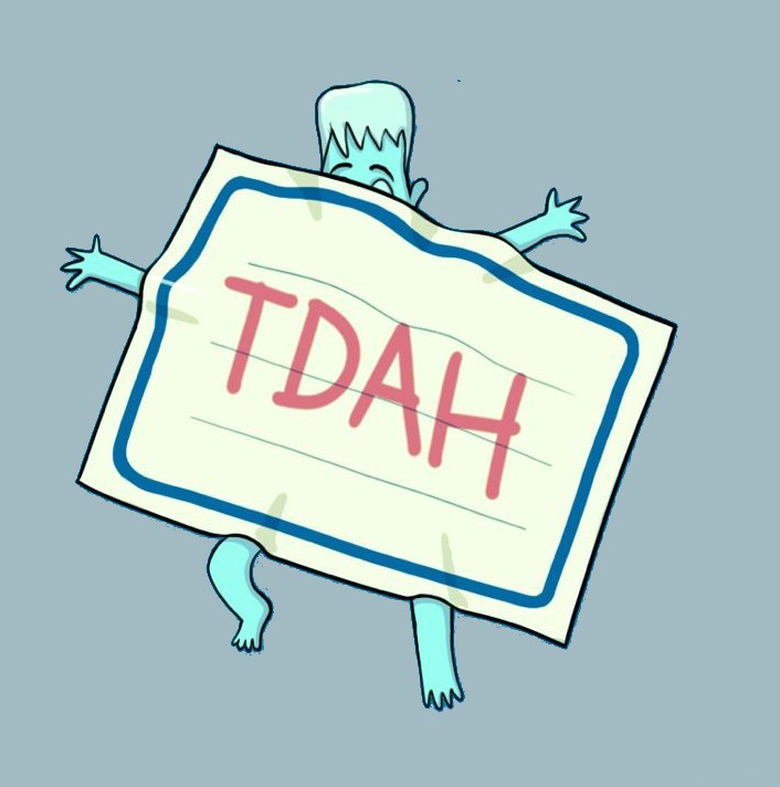 Persona cubierta por un cartel de “TDAH”, metáfora de la identidad reducida a una etiqueta.