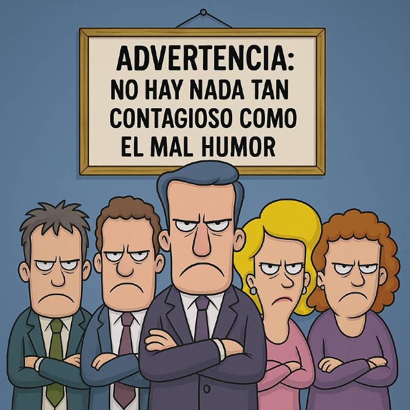 Caricatura de oficina sobre el mal humor en el trabajo, con un cartel humorístico que advierte sobre las emociones contagiosas.