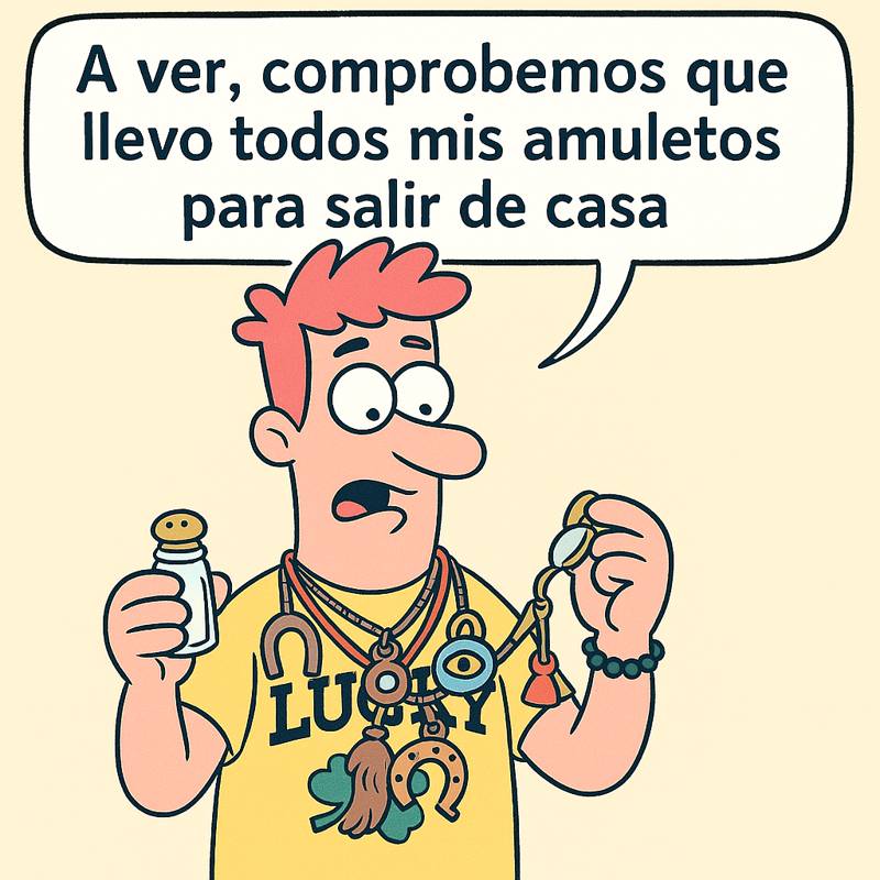 Viñeta cómica sobre superstición: hombre con muchos amuletos dice “A ver, comprobemos que llevo todos mis amuletos para salir de casa".