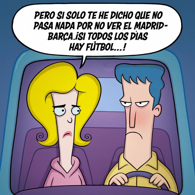 Caricatura sobre validación emocional y conflictos de pareja, con un hombre molesto y una mujer intentando restar importancia a su enfado.