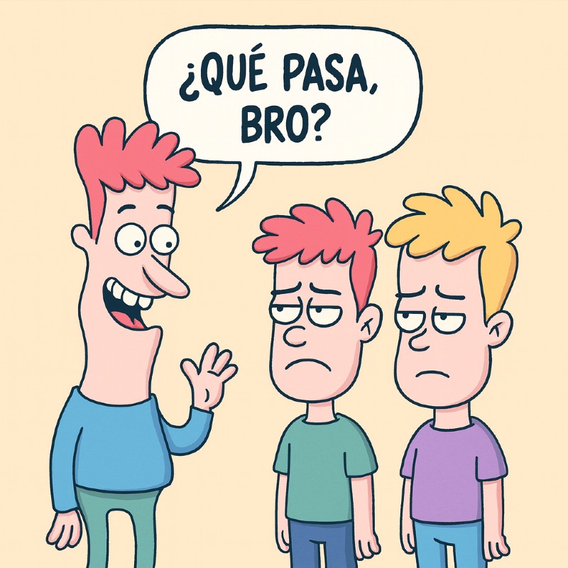 Viñeta humorística de tres personajes; el padre dice “¿Qué pasa, bro?” mientras dos adolescentes lo miran con incomodidad.