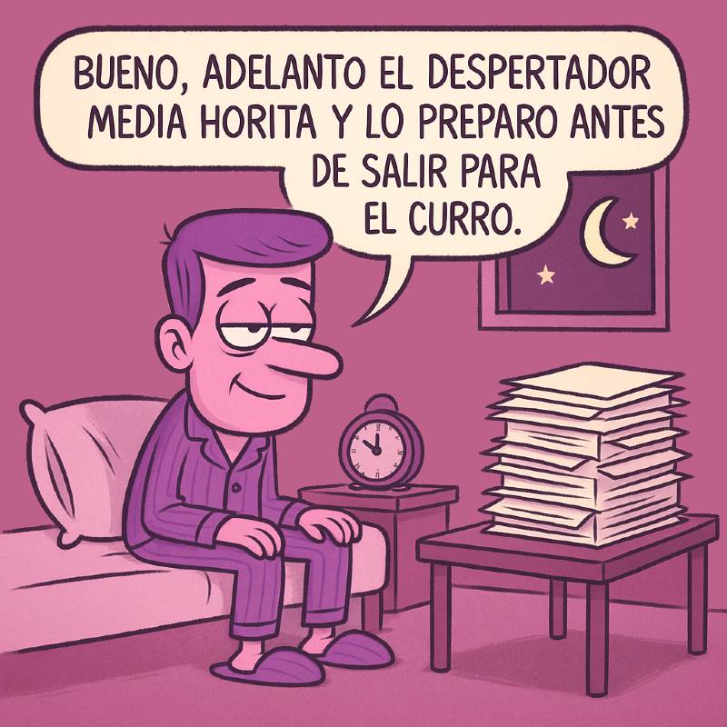 Viñeta de trabajador que procrastina con los informes que esperan a ser leídos.