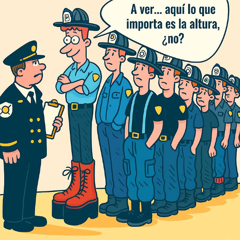 Bombero con botas de plataforma diciendo: “Aquí lo que importa es la altura, ¿no?”: representación divertida del esfuerzo por compensar.