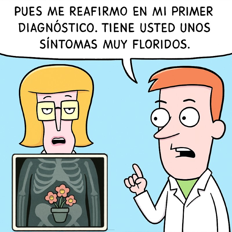 Médico muestra radiografía con una maceta en el estómago de una paciente.