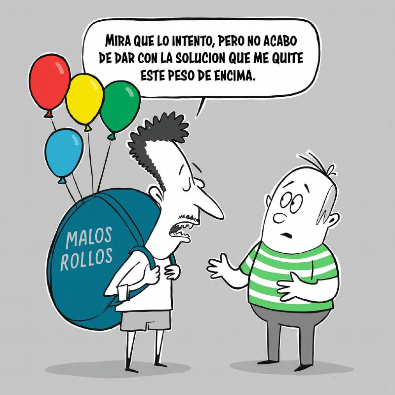 Hombre cargando una mochila de “malos rollos” se queja del peso que lleva.