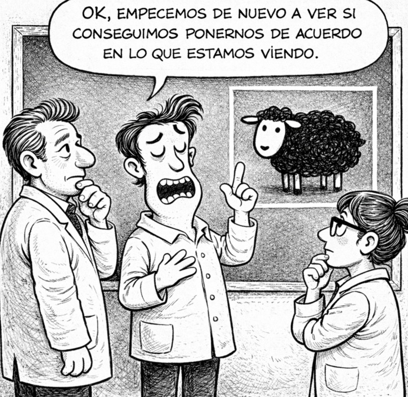 Tres personas observan una oveja dibujada y discuten distintas interpretaciones de la misma imagen.