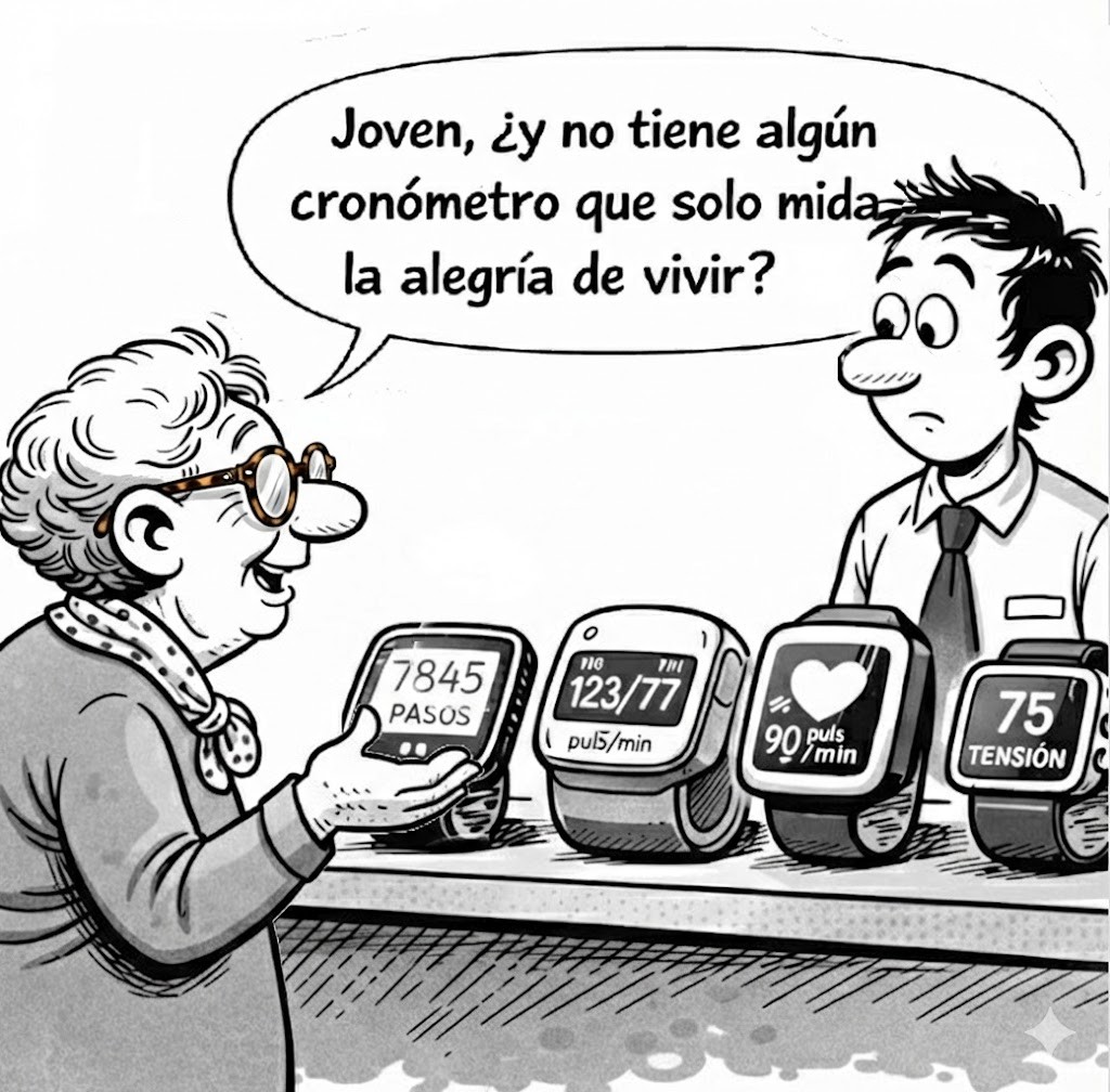 Una persona mayor que pregunta en una tienda si tienen cronómetros de alegría de vivir