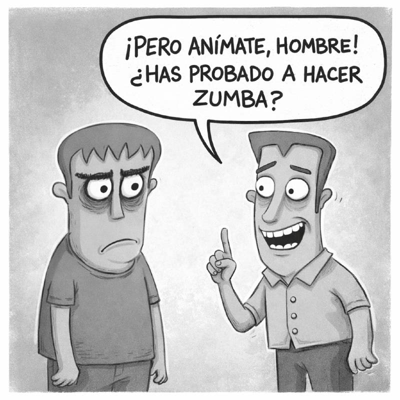 Dos hombres en una viñeta; uno está deprimido y el otro le sugiere hacer zumba para animarse.