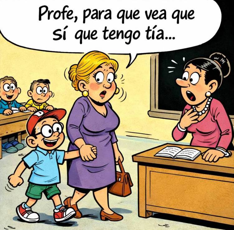 Niño que lleva a su tía a clase para mostrarla a su profesora quien suele utilizar con frecuencia la frase "no hay tutia"