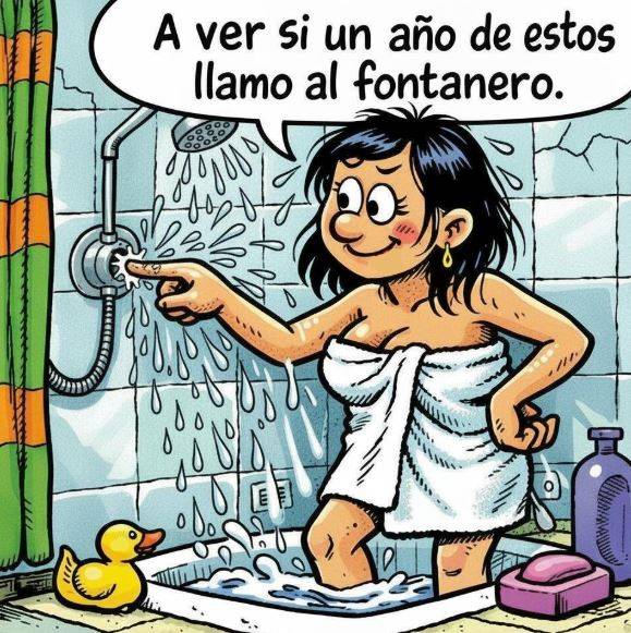 Mujer en la ducha tapando una fuga con el dedo y diciendo que algún día llamará al fontanero.