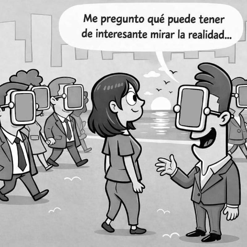Una mujer mira el mundo el mundo circundante sin hacerlo a través del móvil y despierta expectación en los demás.
