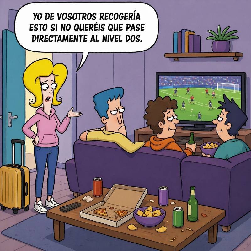 Una madre advierte a sus hijos que si no recogen la habituación pasará al "nivel 2" de conflicto.