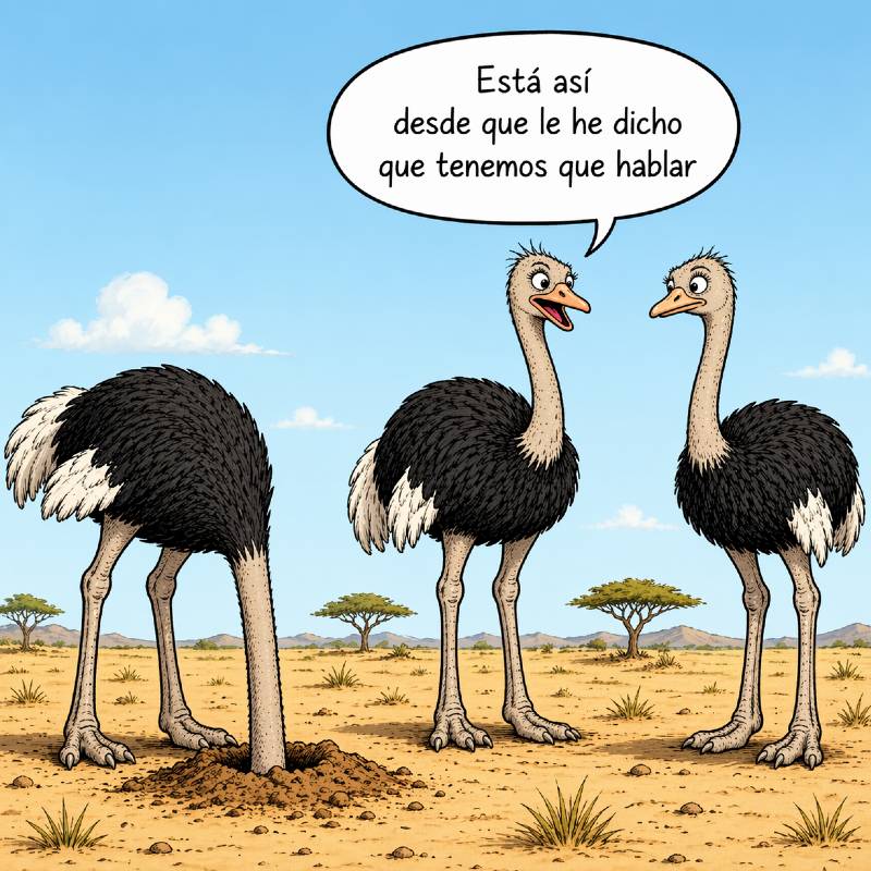Dos avestruces comentan como una tercera esconde la cabeza para no hacer frente a los problemas