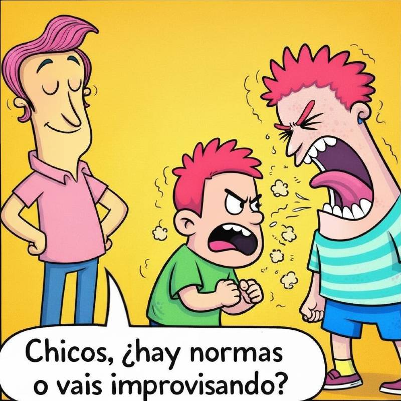 Dos hijos de distintas edades se pelean y su padre trata de no intervenir salvo que sea imprescindible.