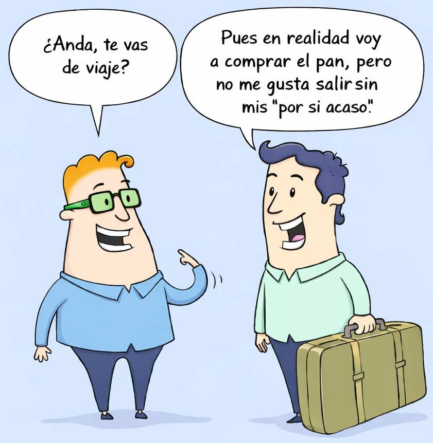 Un hombre va a comprar el pan portando una gran maleta de "por si acasos", por si pudiera necesitarlos en algún momento.