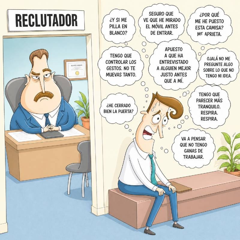 Un adulto con TDAH espera a ser recibido por un reclutador de RR.HH. en un mar de dudas