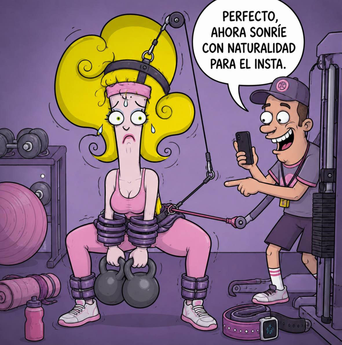 Ilustración satírica de una mujer exhausta haciendo ejercicio en el gimnasio, atada a máquinas y pesas.