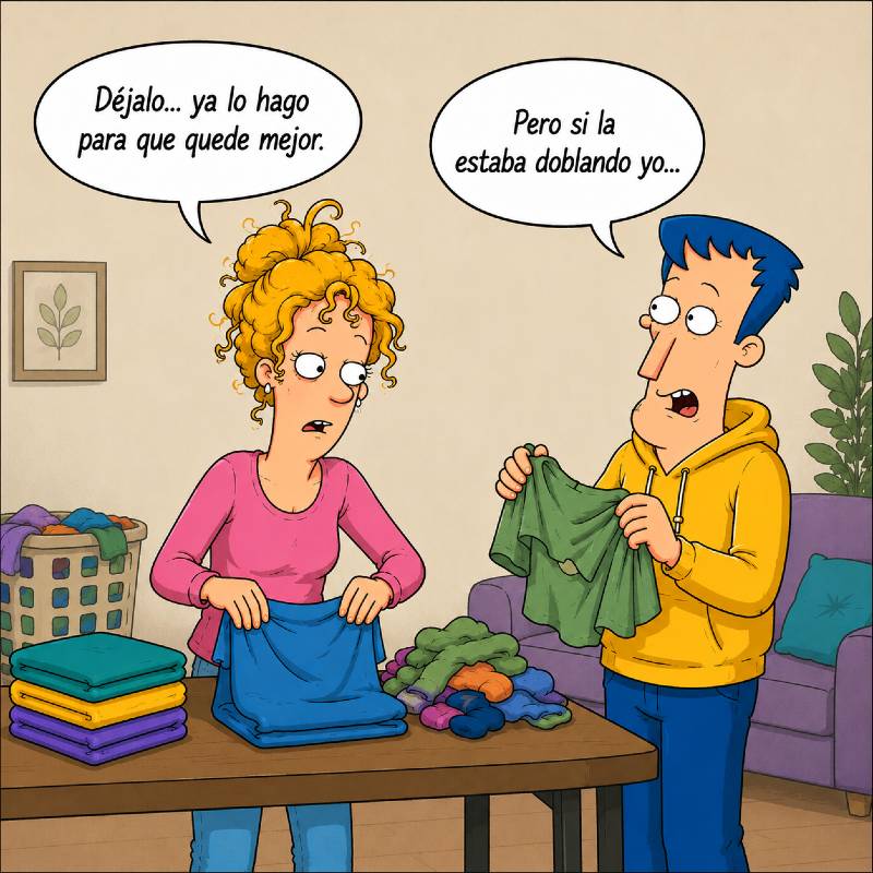 Ilustración de una pareja doblando ropa y discutiendo sobre cómo hacerlo mejor.